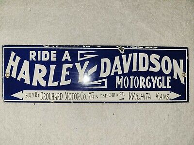 Vintage Harley Davidson Motorcycle Porcelain Sign Dealer Kansas Gas Oil Indian