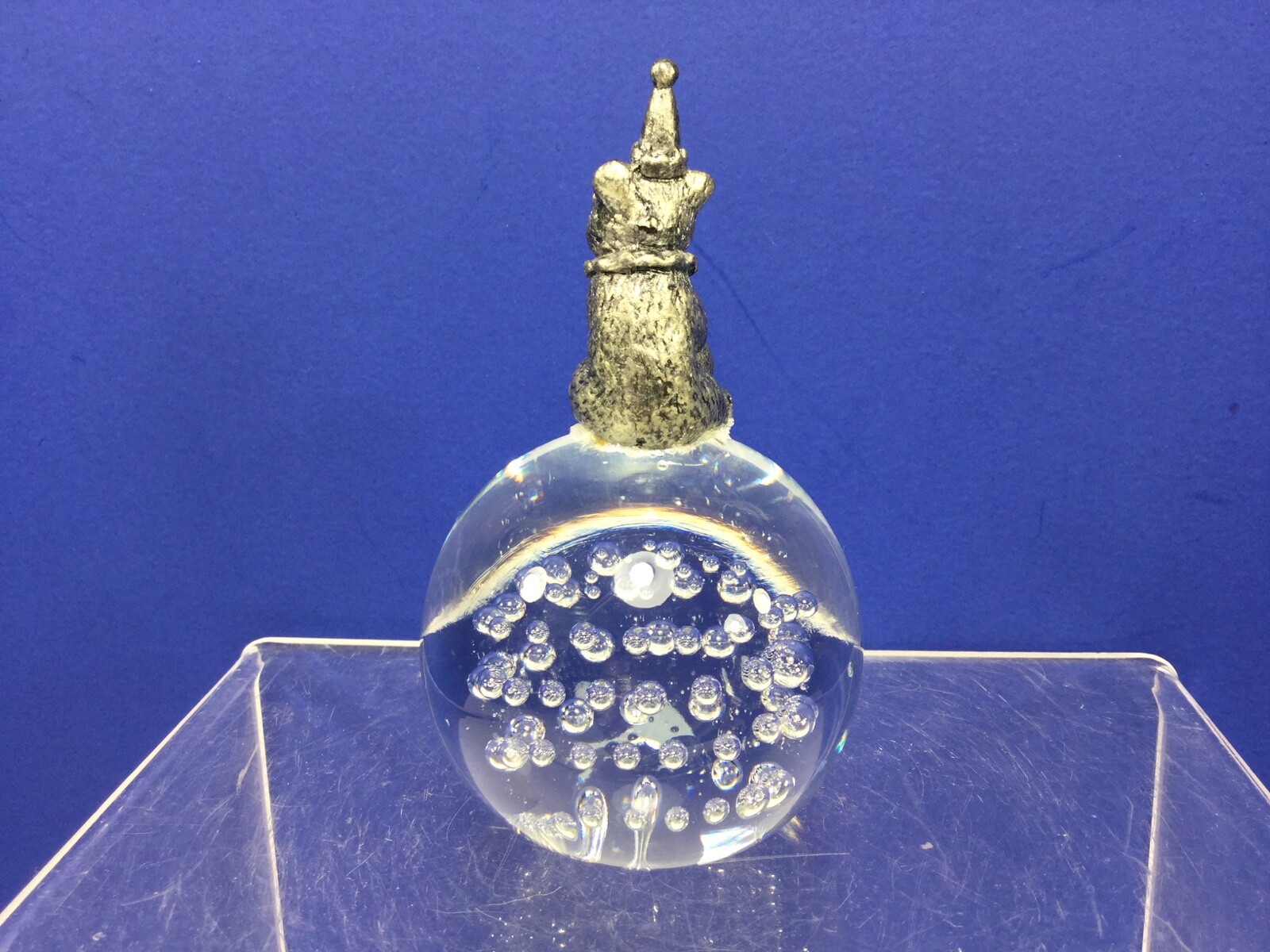 Vintage, Clear Glass Paperweight w/ Bubbles and a Circus Bear Sitting on Top