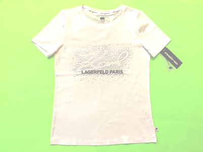 KARL LAGERFELD Women s Short Sleeve T-Shirt Size MEDIUM White w/Silver, Black