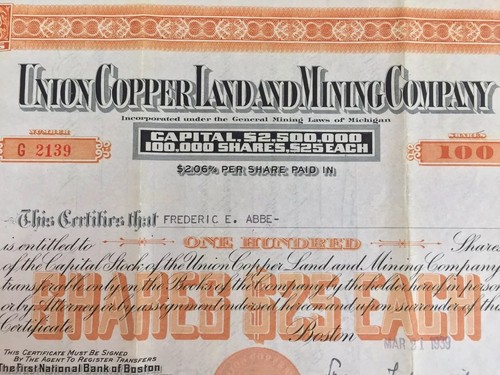 Union Copper Land And Mining Company Michigan Stock Certificate 1939 Orange