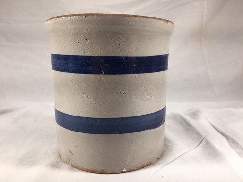 Primitive Salt Glazed Ceramic Crock Antique Vintage Striped Blue Crock