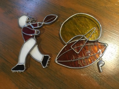 VINTAGE COACH ART STAINED GLASS FOOTBALL HELMET WHISTLE PLAYER SUNCATCHER WINDOW