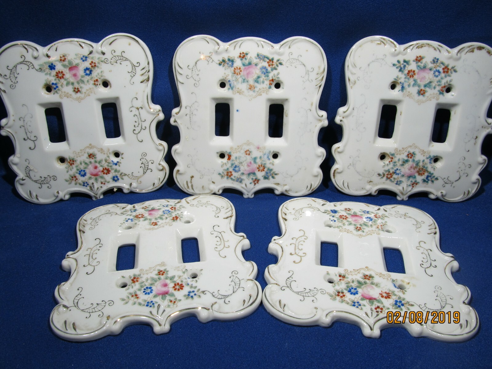 VINTAGE Porcelain DOUBLE Light Switch Plates - Set of 5 identical
