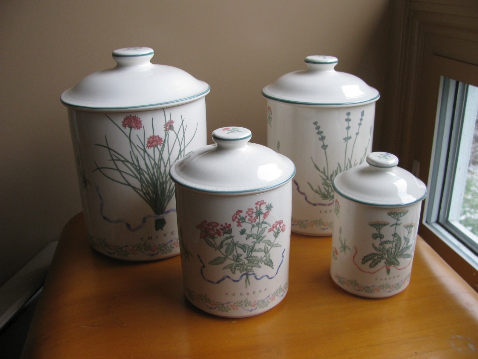 Vintage BOTANICAL Spices Canister Kitchen Set Japan Chives Yarrow Lavender