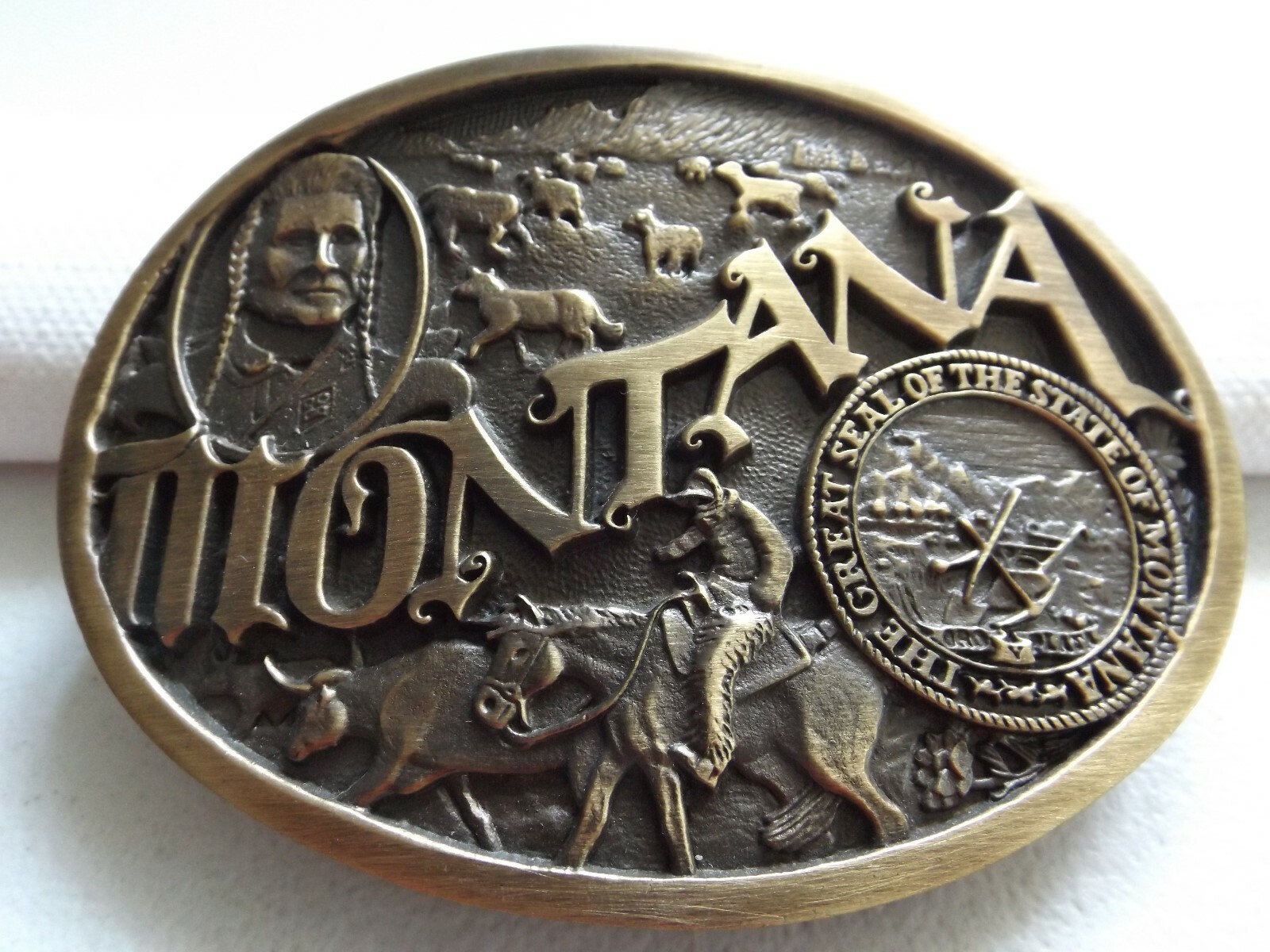 MONTANA Cowboy Indian Bull State Seal, Bronze Tone, Gift Box, Belt Buckle, NEW