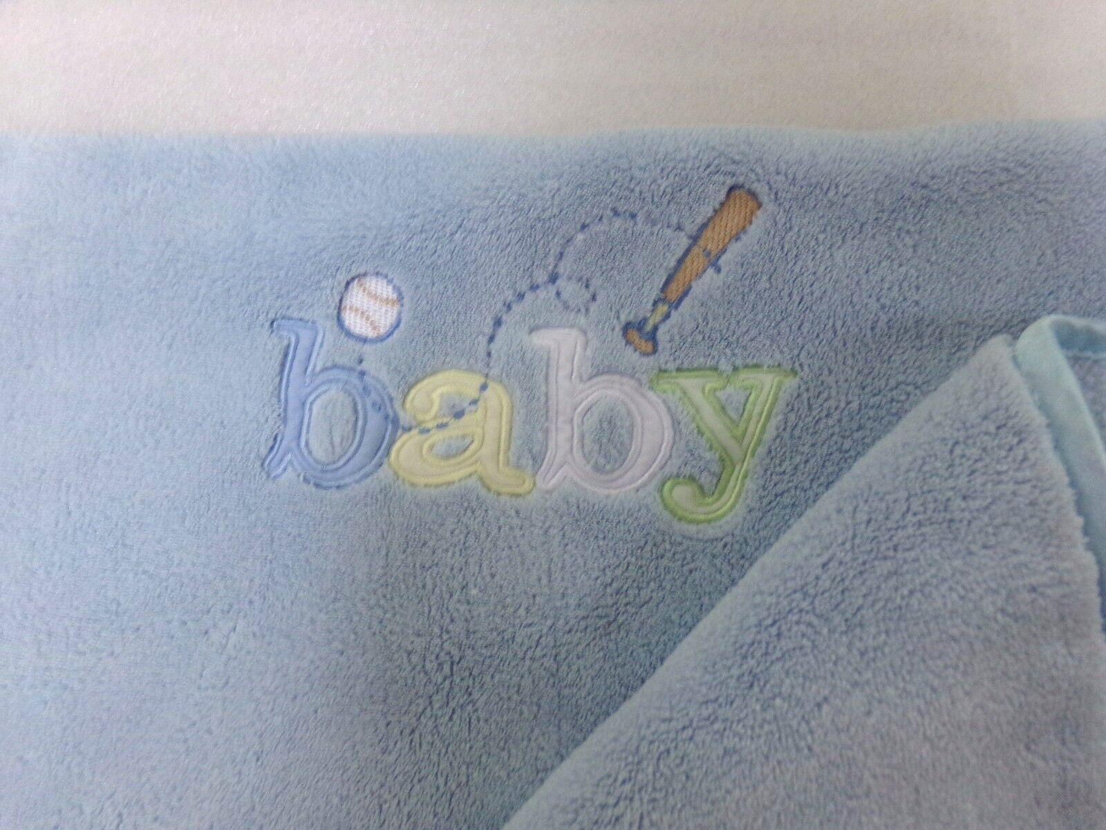 Carters Light Blue Baseball Bat Boys Plush Velour Satin Trim SOFT Baby Blanket