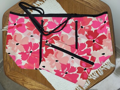 Avon Exclusive Pink Multi Poppy-Print Tote and Matching Zippered Cosmetic Bag