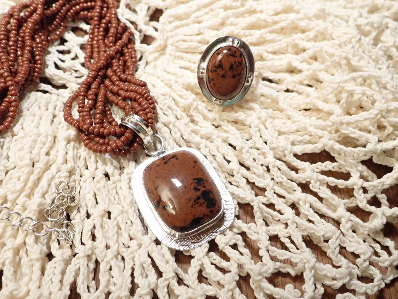 Handcrafted Natural Red Obsidian Ring and Pendant with Mini-Bead Necklace