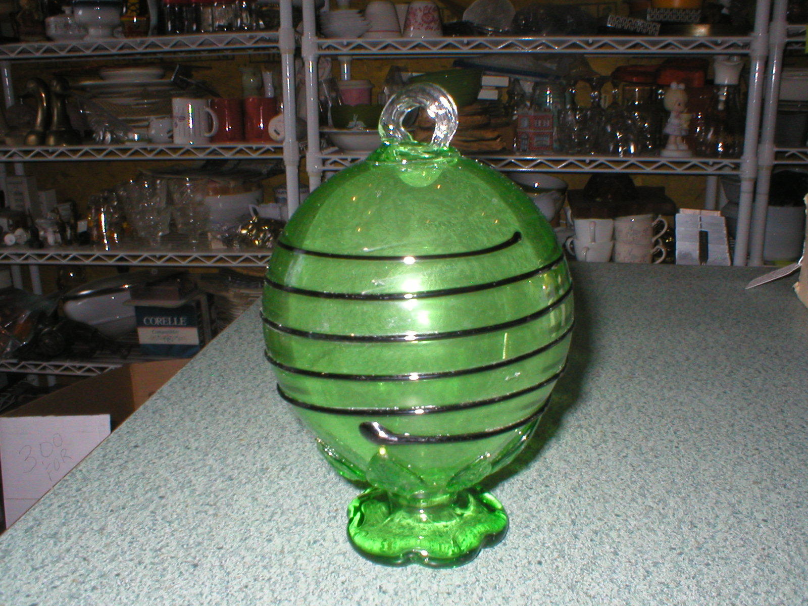 Vintage Green Ball Black Wrapped Footed W/Hanger Art Glass Hand Blown 6