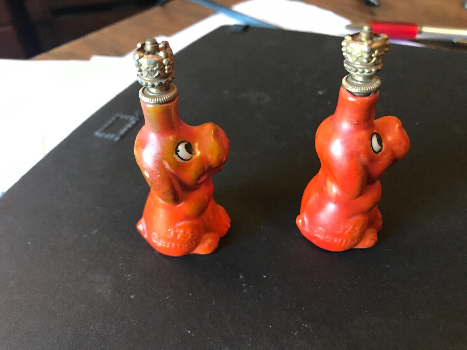 Two Vintage Orange Crown Top Porcelain Perfume Bottle Puppy Dog Germany 3756