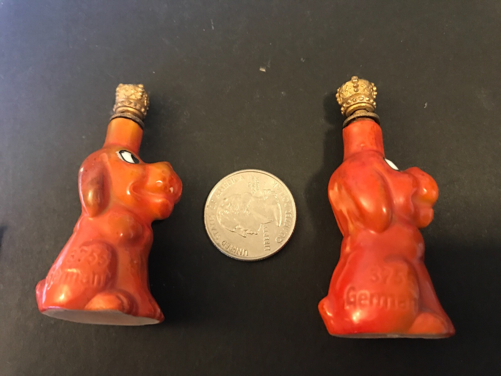 Two Vintage Orange Crown Top Porcelain Perfume Bottle Puppy Dog Germany 3756