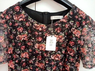 RRP£55 Oasis Size Medium  Black Red Floral Lace  Dress  BNWT chest 18.5inch