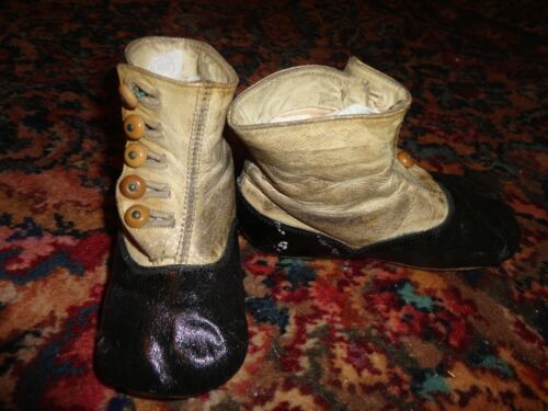 ANTIQUE VICTORIAN BABY CHILD HIGH TOP BUTTON UP BLACK WHITE LEATHER BOOTS SHOES