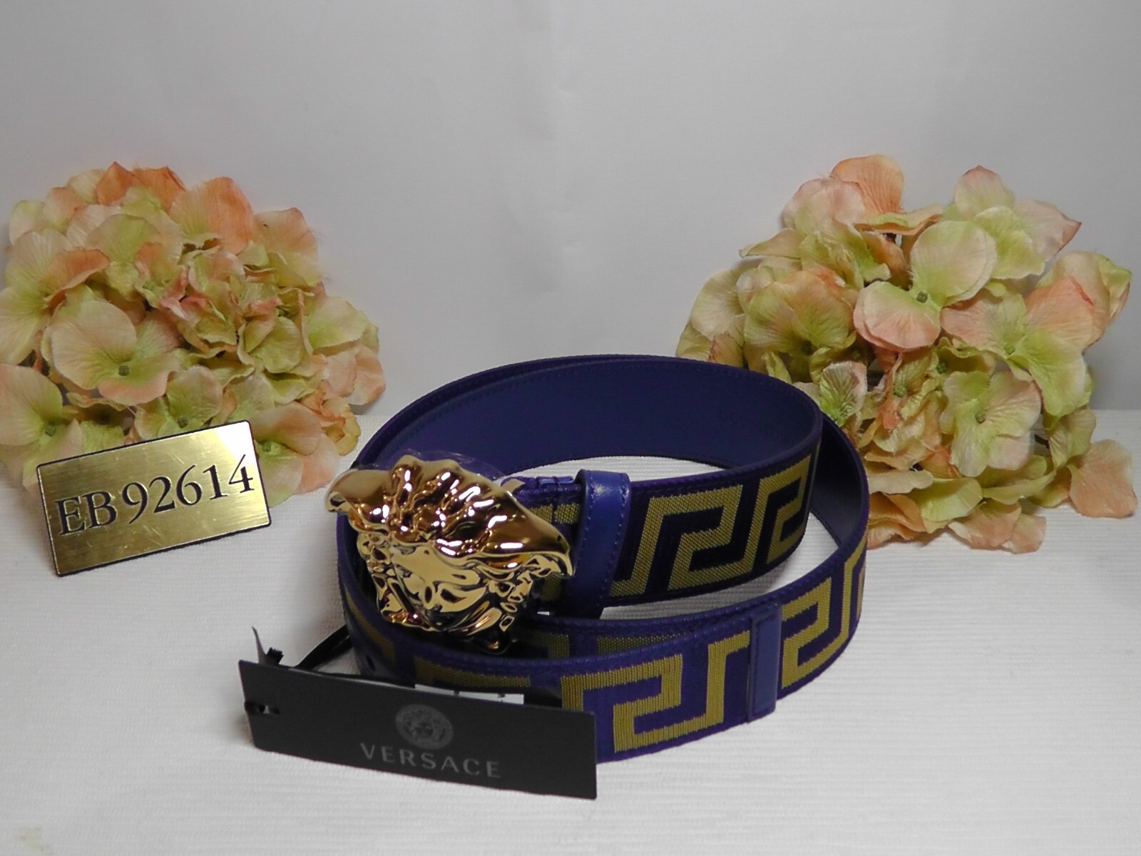 Pre-owned Versace Men's La Medusa Blue / Gold Web Belt Size 95cm Or 37 Inches$495nwt