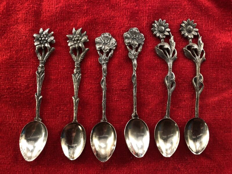 6 Vintage Demitasse Silver Plate Figural Spoons Italy 4" Wildflower Pattern