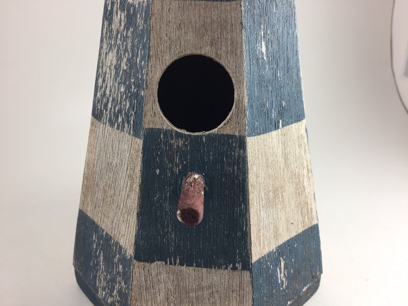 WOODEN LIGHTHOUSE BIRDHOUSE WITH PENNANT ON TOP THAT SAYS 'AHOY' BLUE AND WHITE