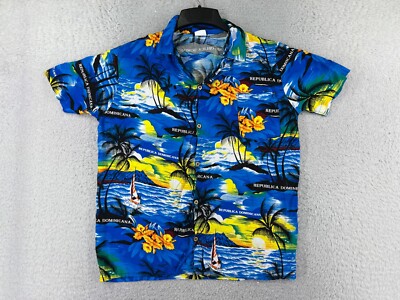 Haniel Shirt Mens Medium Blue Dominican Republic Floral Palm Hawaiian Style