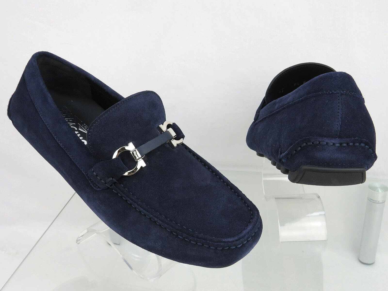 Pre-owned Ferragamo Salamanca Navy Suede Gancini Bit Moccasin Driving Loafers Us 9 Ee In Blue