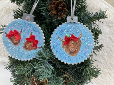 2 hand crafted mixed media HIGHLAND COW Christmas ornaments