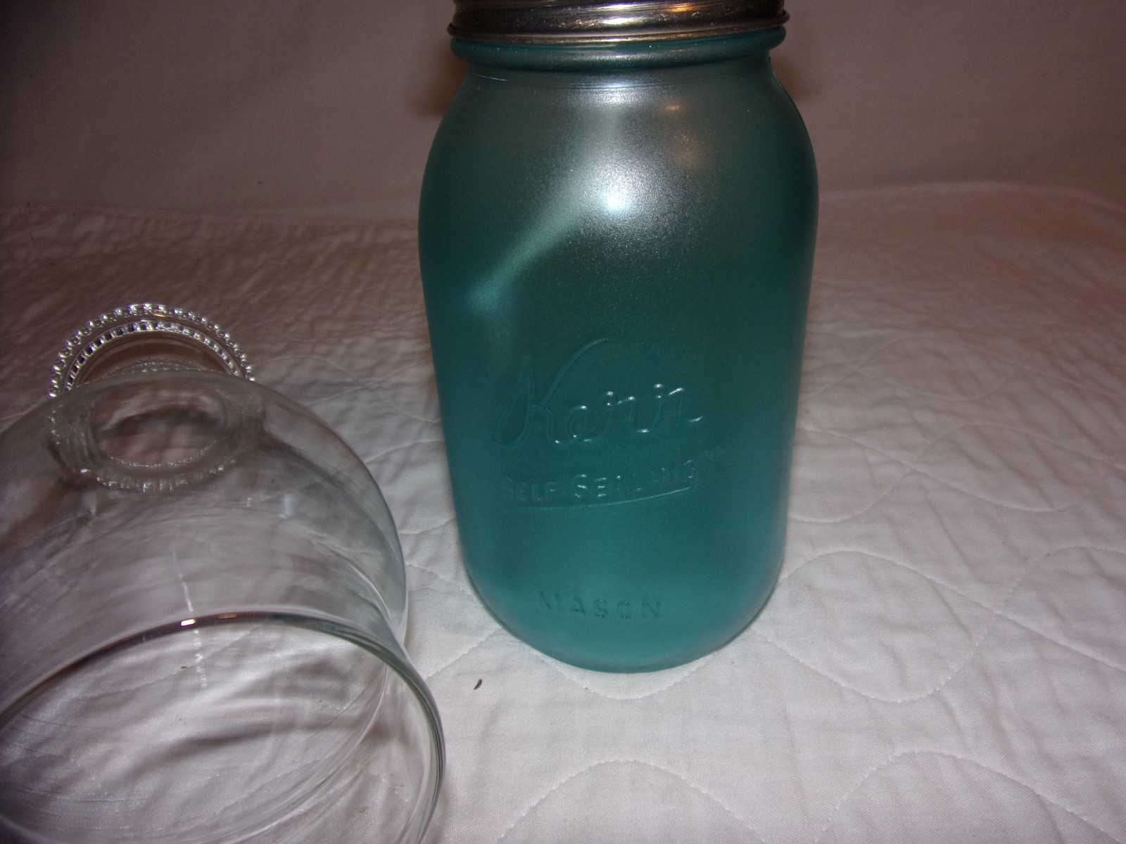 Kerr Mason Jar Oil Lamp w/ Antiqued Brass Burner& Vintage Bead Top Chimney (AK1)