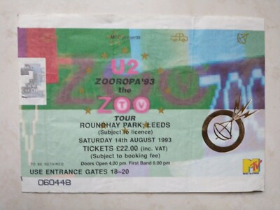 U2 Ticket 08/14/1993 Leeds Zooropa Tour