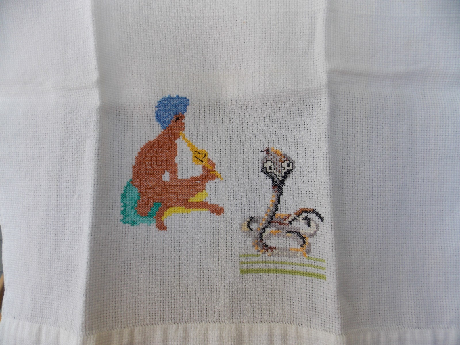 2 Vintage Embroidery Hand Towels Swami Cobra Elephants On White