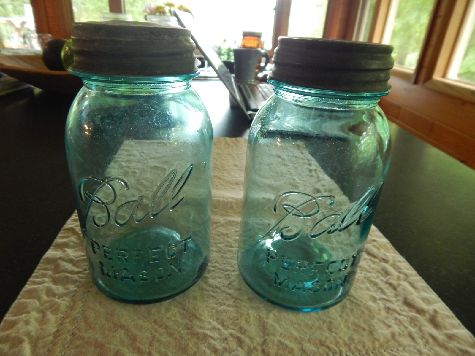 2 RARE BLUE BALL PERFECT MASON JARS with ZINC LIDS NO. 13
