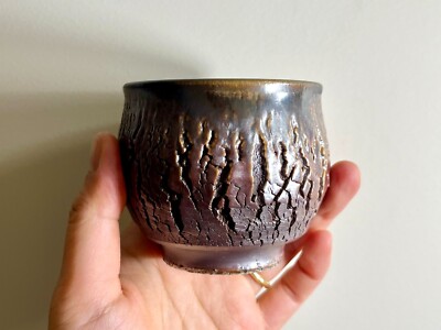 wood fired unglazed natural ash glaze handmade teacup tree bark texture yunomi