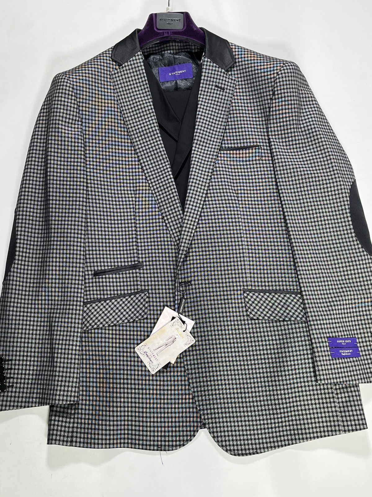 Mens Statement Italy Gray Check 3 Piece Tuxedo 42R NEW