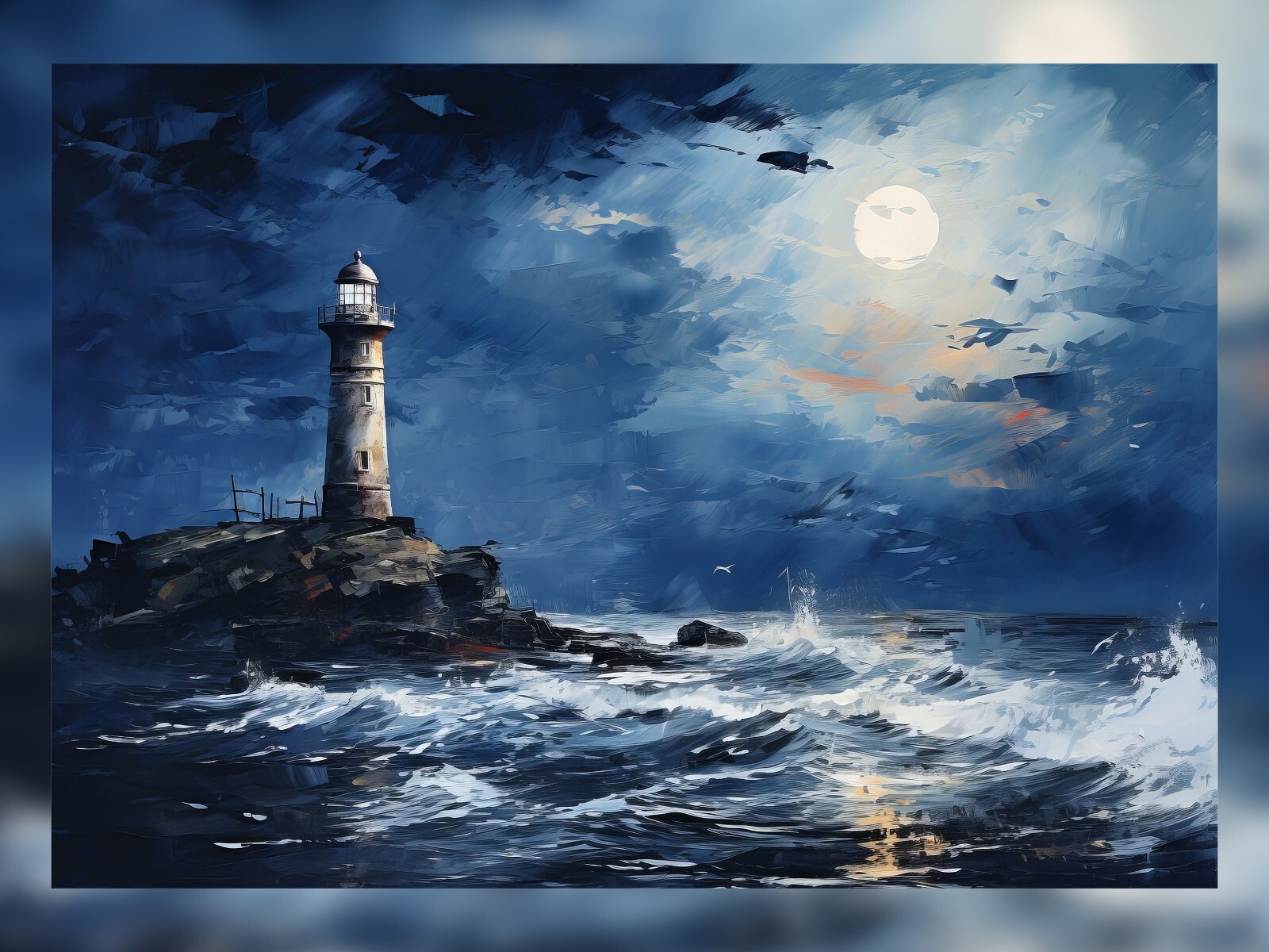 Lighthouse in Moonlight Oil Painting Print Art Decor 5