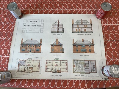 Vintage Architectural Drawing 1939  Design for a Residential Villa  RIBA Study