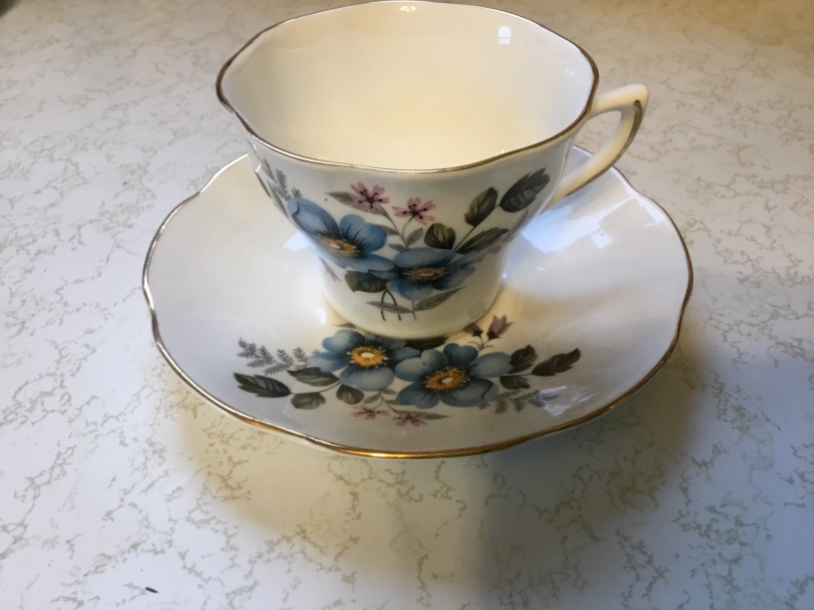ROYAL DOVER BONE CHINA CUP AND SAUCER, BLUE FLOWERS, MADE IN ENGLAND