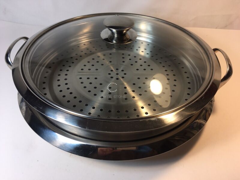 Curtis Stone 14" 3 Piece Stainless Steel Induction Pan Steamer Basket Set w Lid