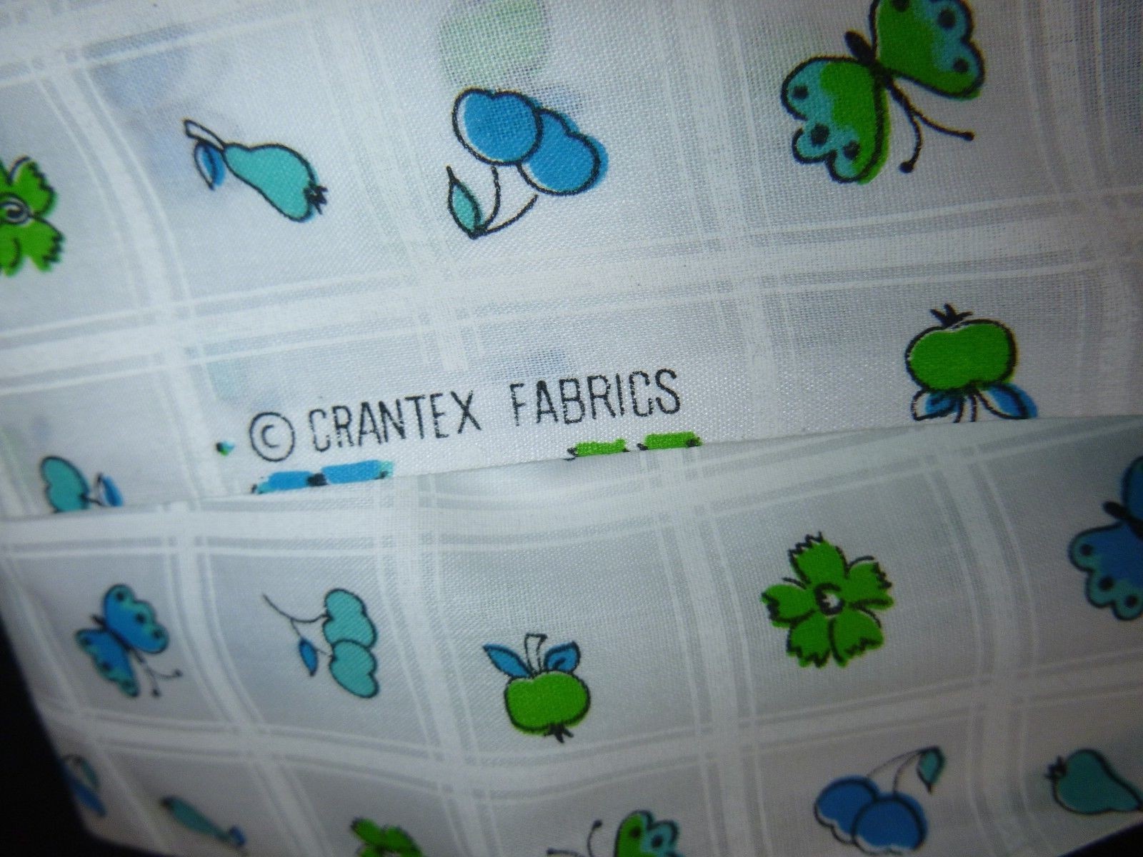 Vtg Novelty Cotton Fabric Turquoise Green Butterfly Fruit Flowers 45 x 4+ yds