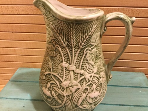 Antique Green Salt Glaze Pitcher, Morning Glory Vines, Wheat, 6.5”