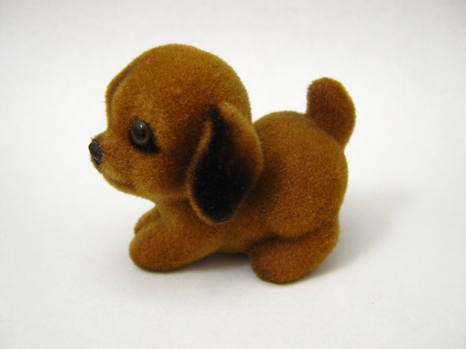 Josef Originals Puppy Dog Figurine Brown Flocking On Ceramic Foil Label Intact