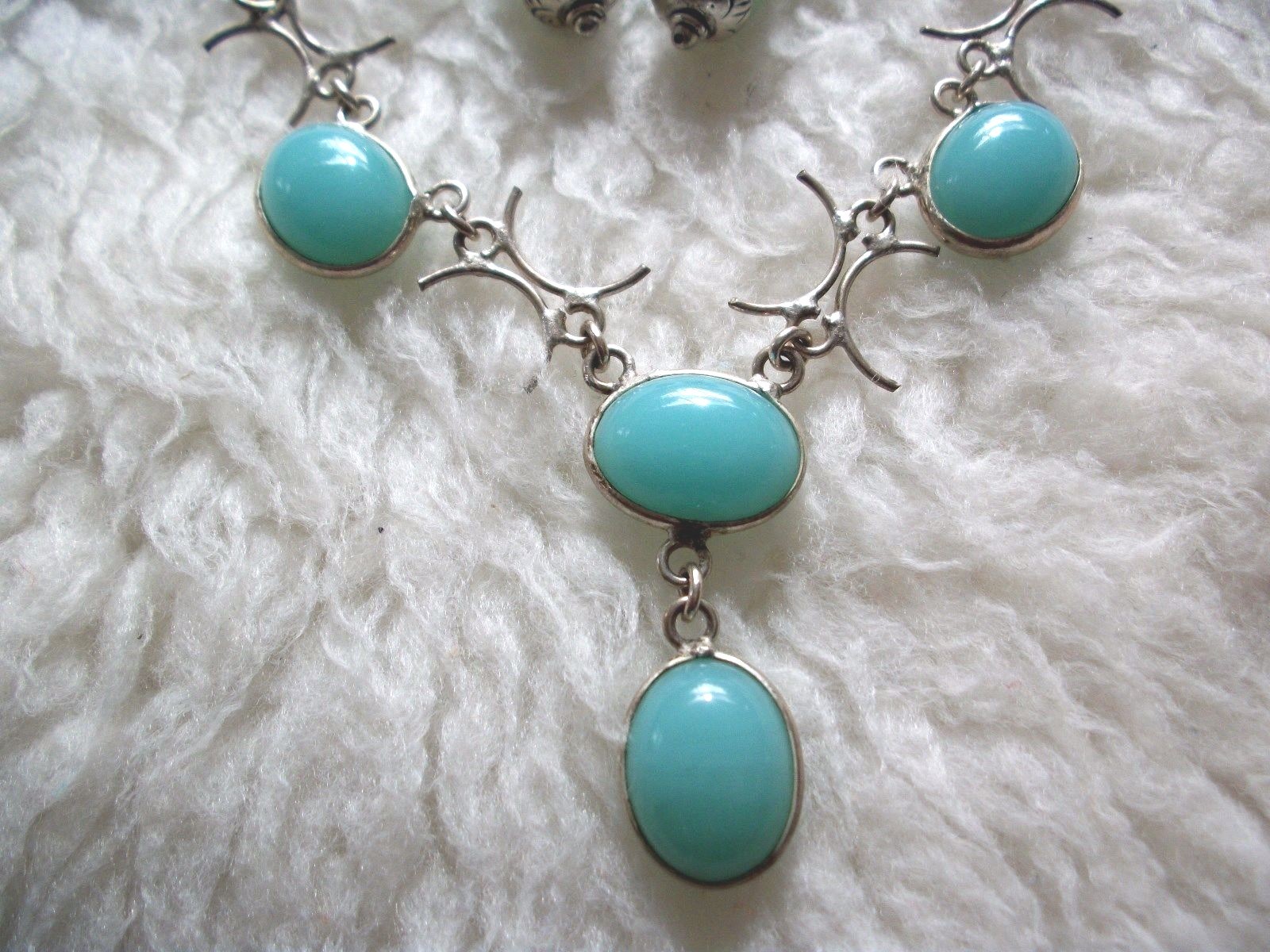 New Aqua Blue Chalcedony Necklace Pierced Earrings Set Stone Tribal Look Gifts