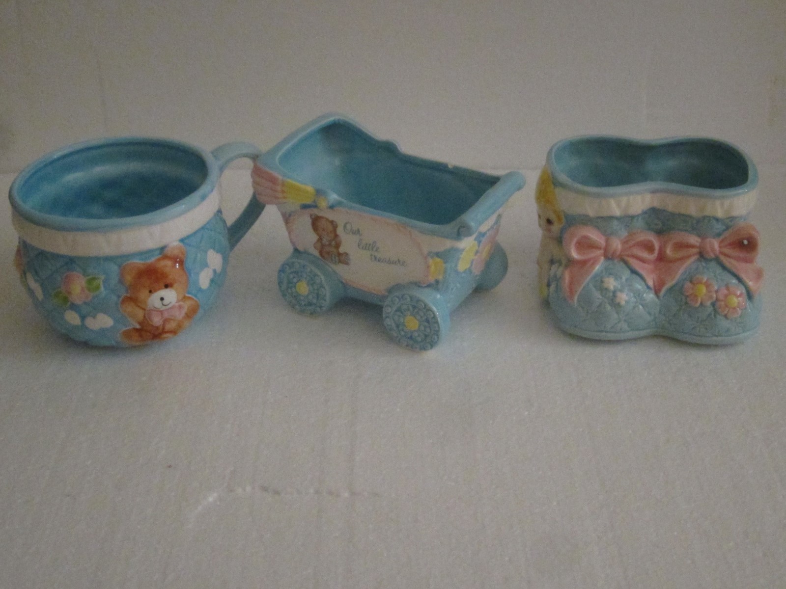 Vtg Lot Of 3 Nursery Planter Cradle Baby Shower Decor Blue Ceramic  Lefton Japan