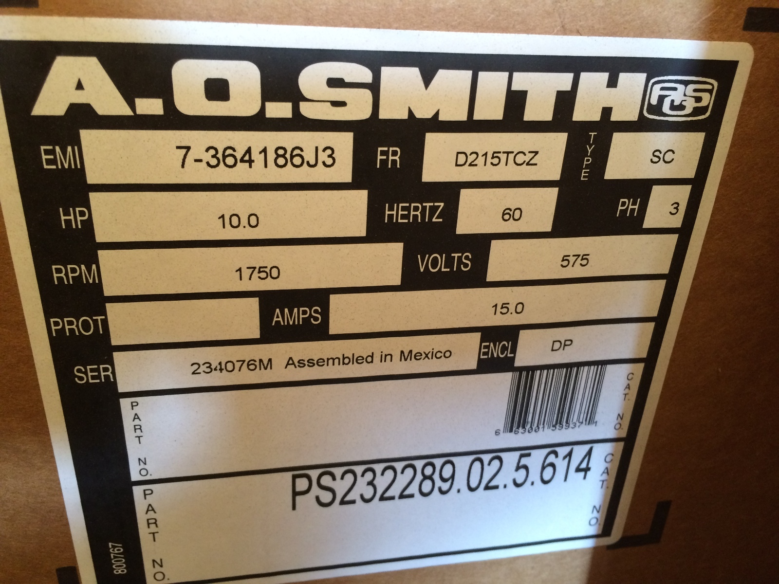 A.O. SMITH Avionic part number 7-364186J3, 10HP Electric motor
