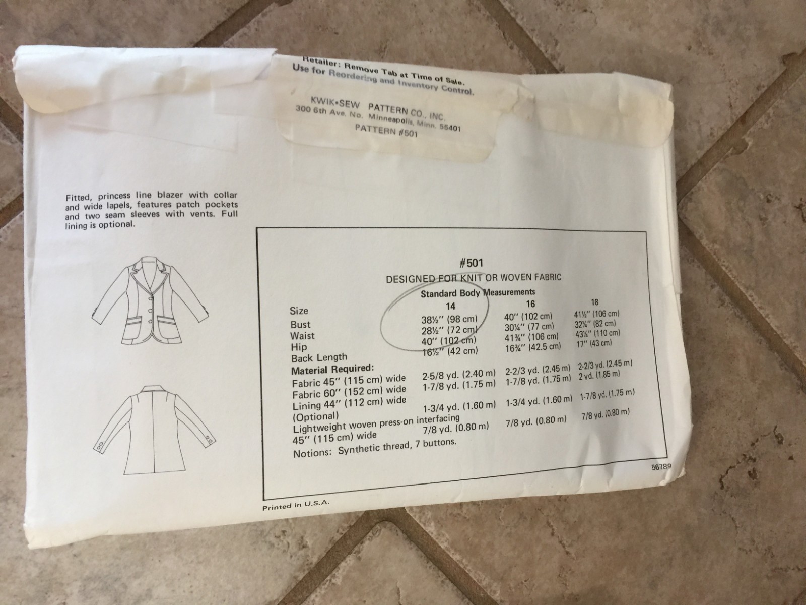 KWIK Sew #501 Pattern Women's Size 14, 16, 18 Fitted Blazer Collar Pockets