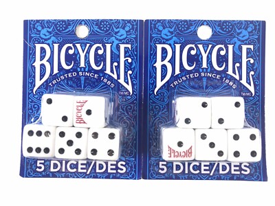 2 Packs- Bicycle DICE 5 Count Set NEW 5/8  White W/ Black Dots 10 Die Total