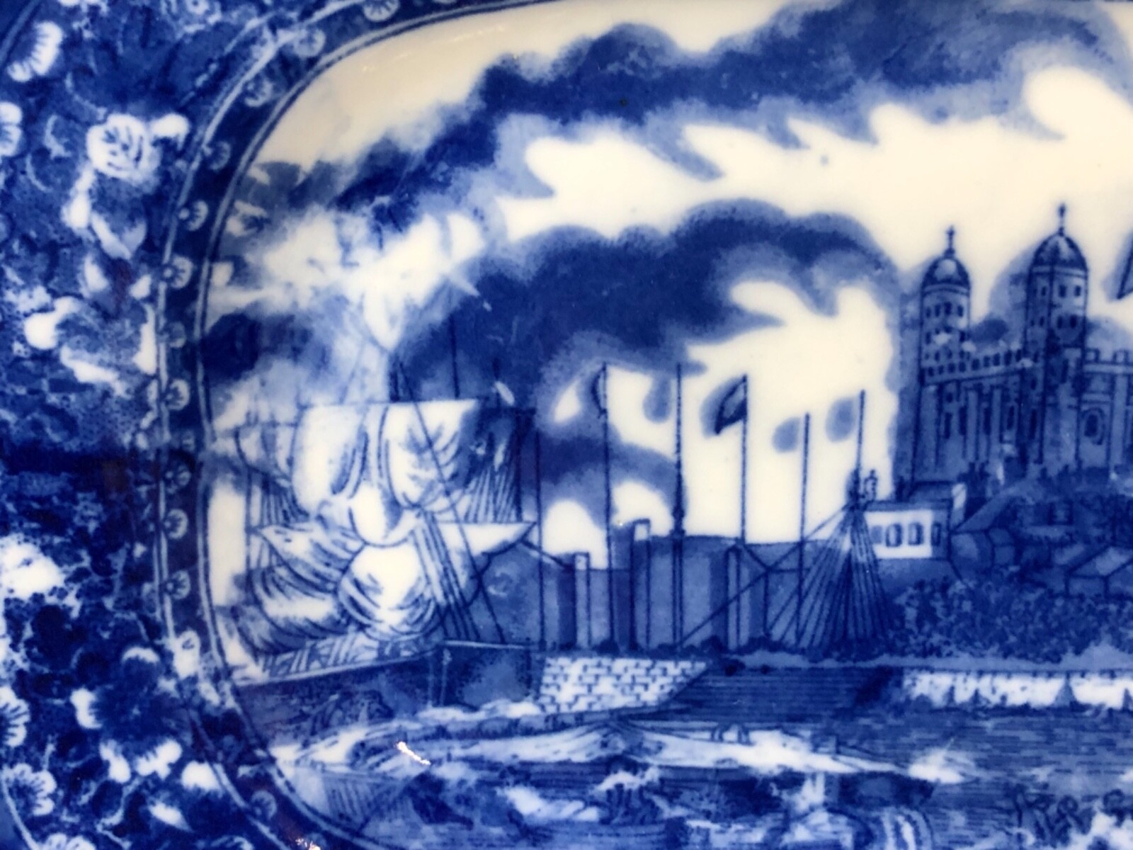 Antique and Gorgeous Blue Flow 11&1/8” Platter Depicts Castle Water Boats& Flags