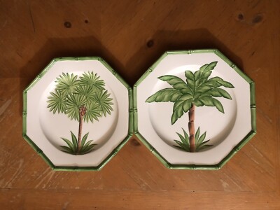 Vintage Tam San Hand Painted Italian Octagonal Plates Set Bamboo Palm Tree