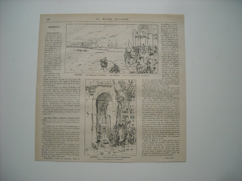 Gravure 1877. Anvers. Centenaire De Rubens. Regates. Fontaine Dans Hoogstraat.