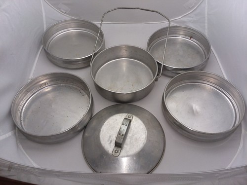 Vintage Buckeye Aluminum Stacking 5 Pan Camping Mess Kit