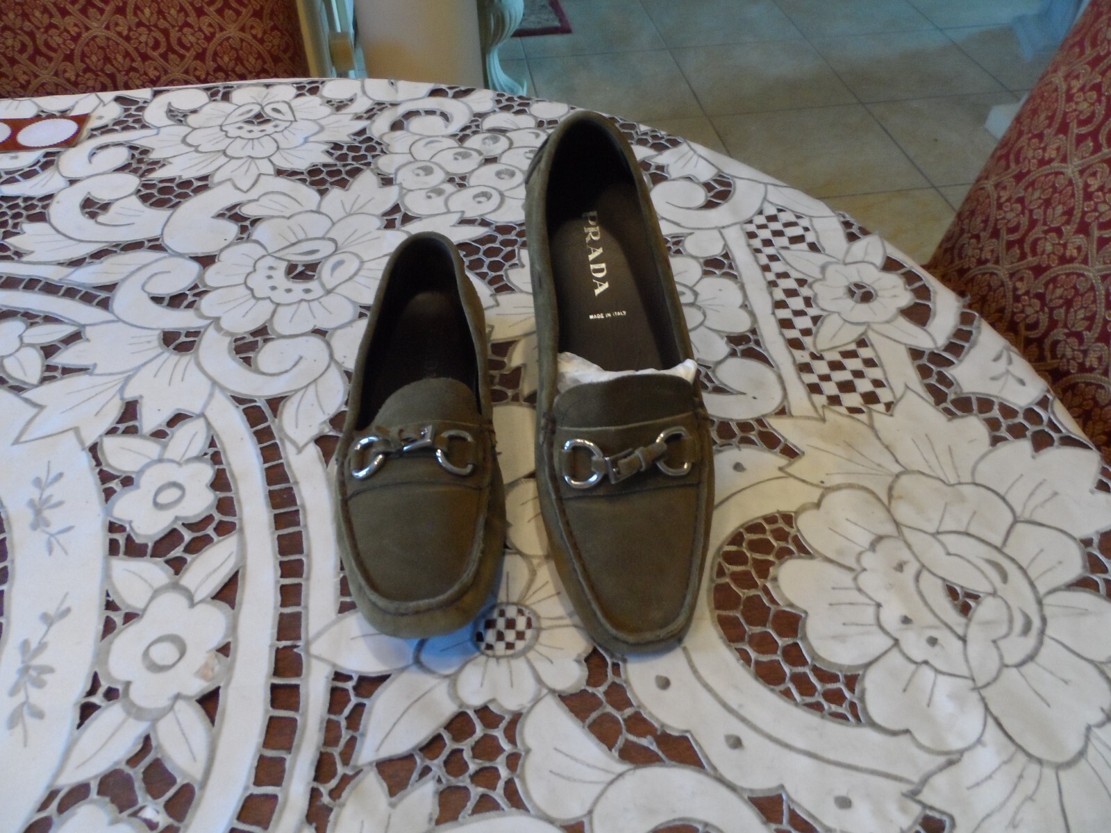 Prada Moss Green Suede Embellished Driving Loafers Size 36B