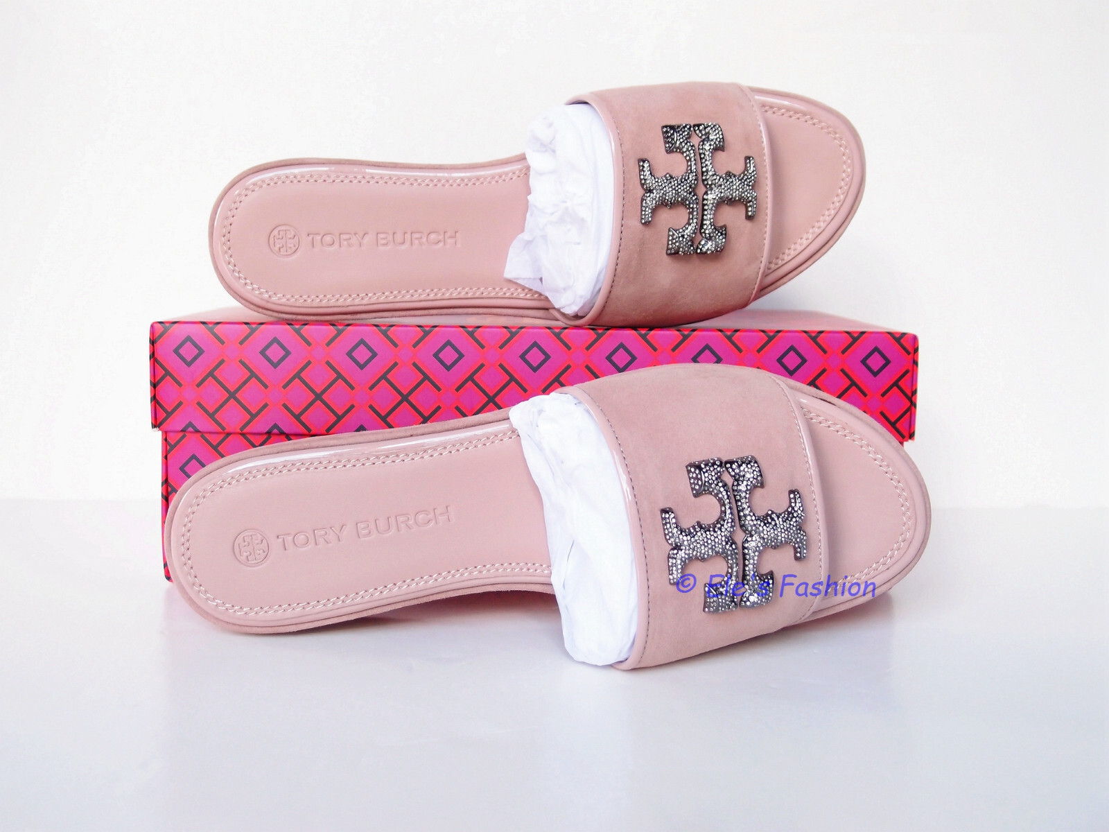 Pre-owned Tory Burch Eleanor Crystal Embellished Leather Slide Sandal Pink 9 Authentc