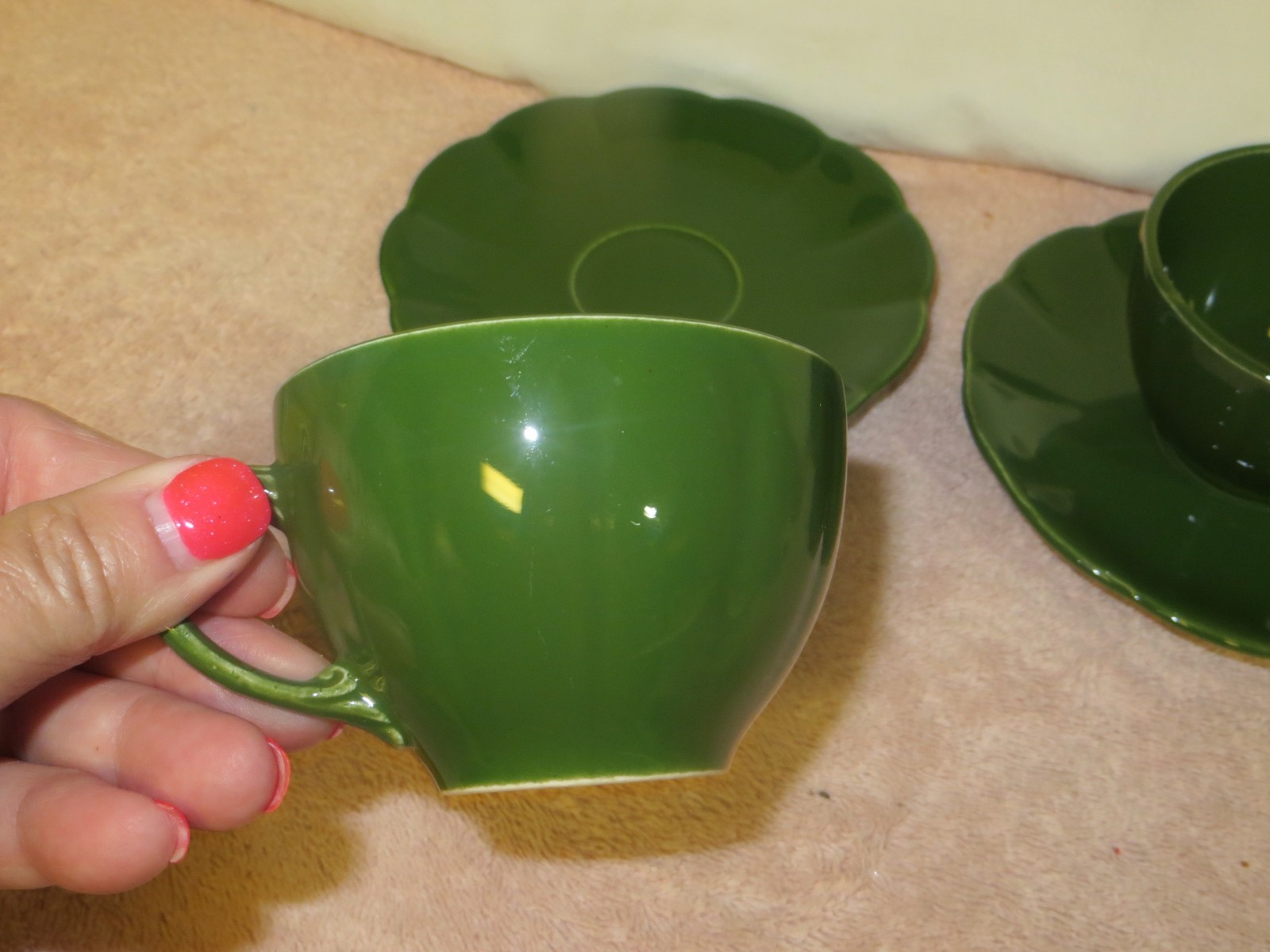 2 Vintage W.S. George Petalware Cup & Saucer Sets - Dark Green