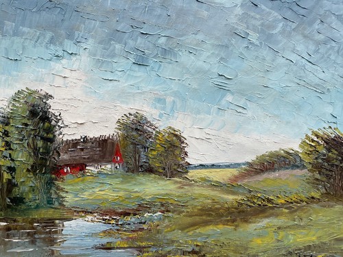 NORDISCHE SOMMERLANDSCHAFT ROTES BAUERNHAUS SEE FELDER WIESEN SCHWEDEN