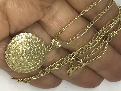Pre-owned Handmade Gold Necklace Set Aztec Pendant 1.15" Chain Figaro 2.5mm 20" 10k Solid Oro